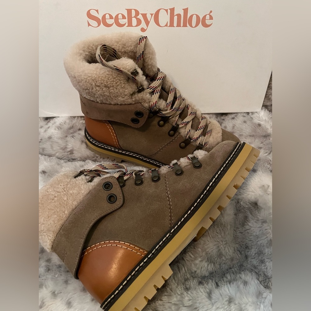 sz US 37 see by chloé Eileen women's shearling hiker boots MSRP$495 CLEARANCE